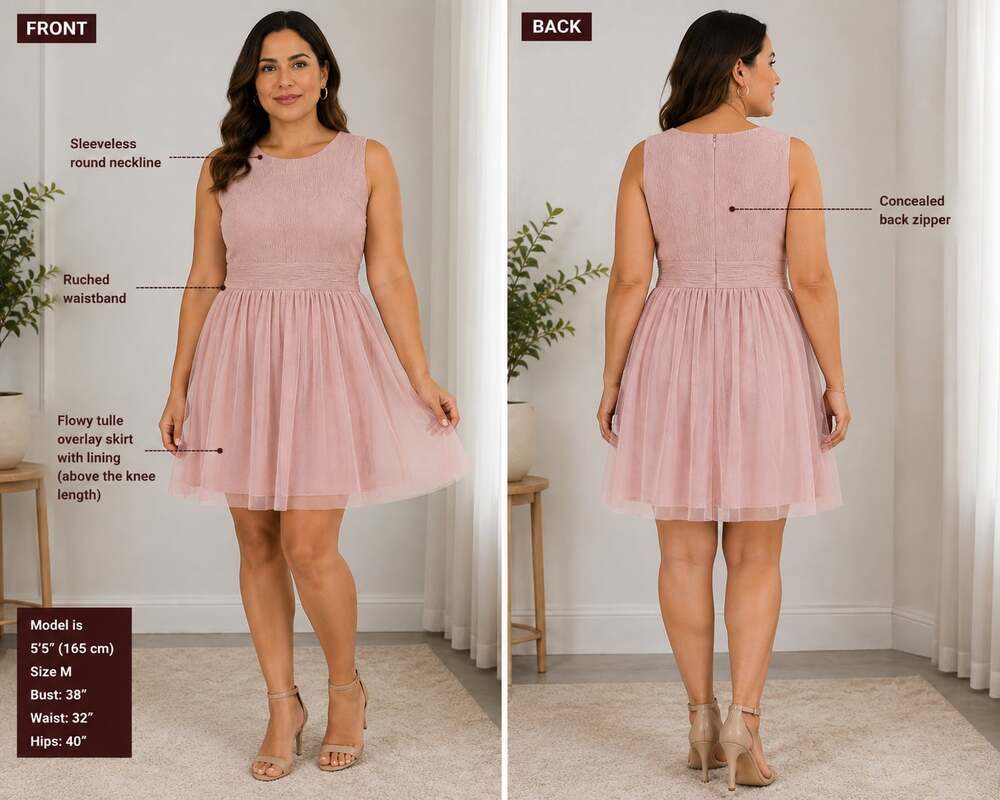 Pink Sleeveless Ruched Waistband Flowy Tulle Overlay Skirt Short Cocktail Dress